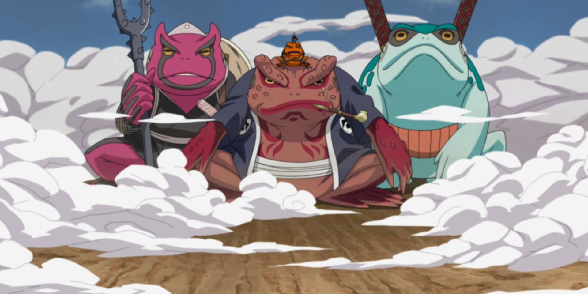 Gamabunta and the toads surrounded by clouds in Naruto