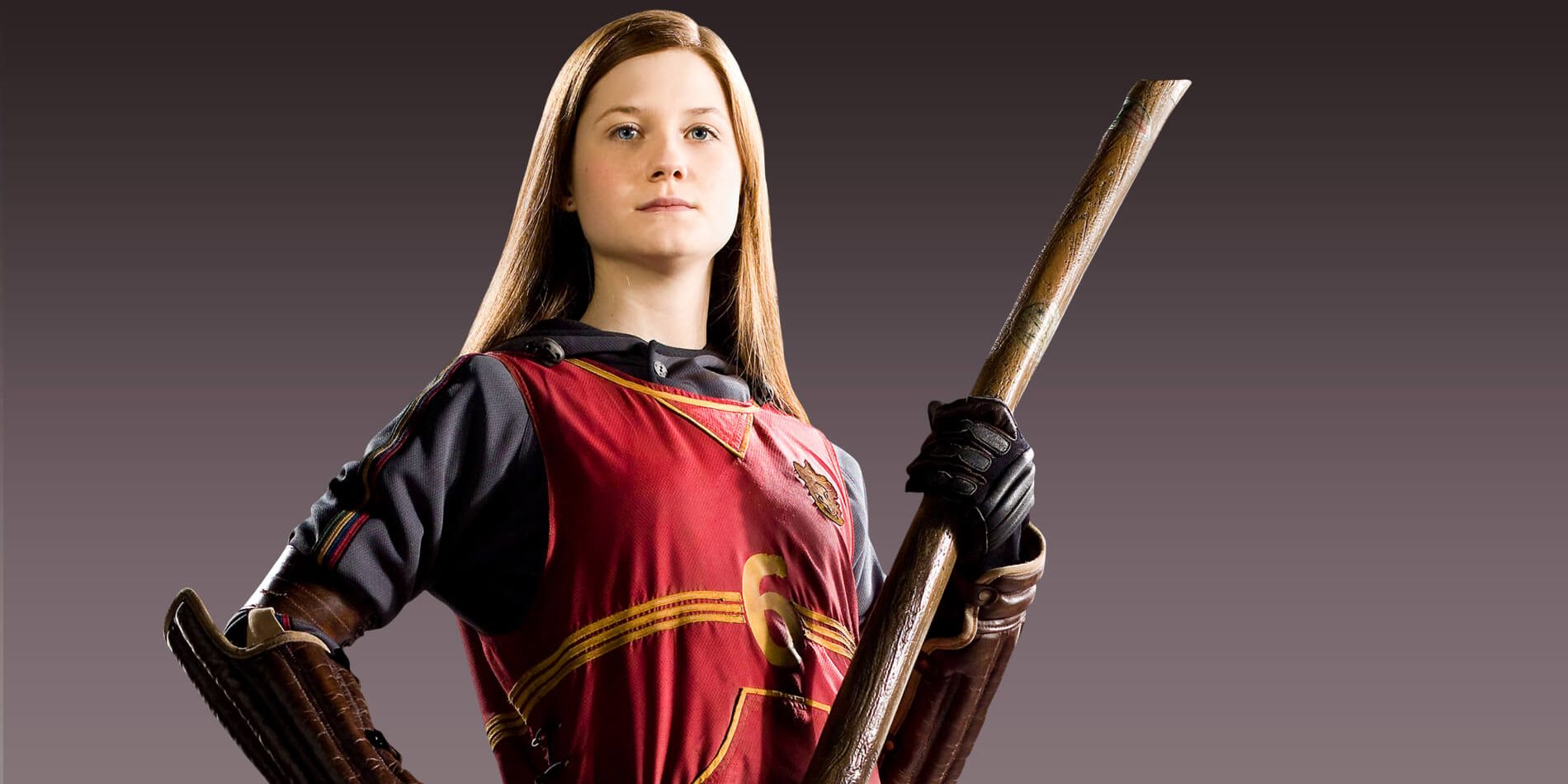 Ginny Weasley wearing a Quidditch uniform and holding her broomstick