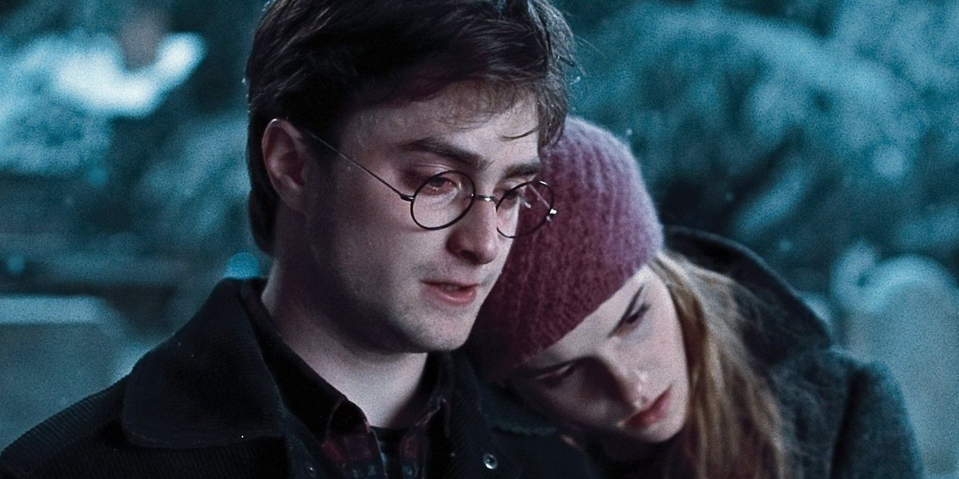 Hermione rests her head on Harry's shoulder