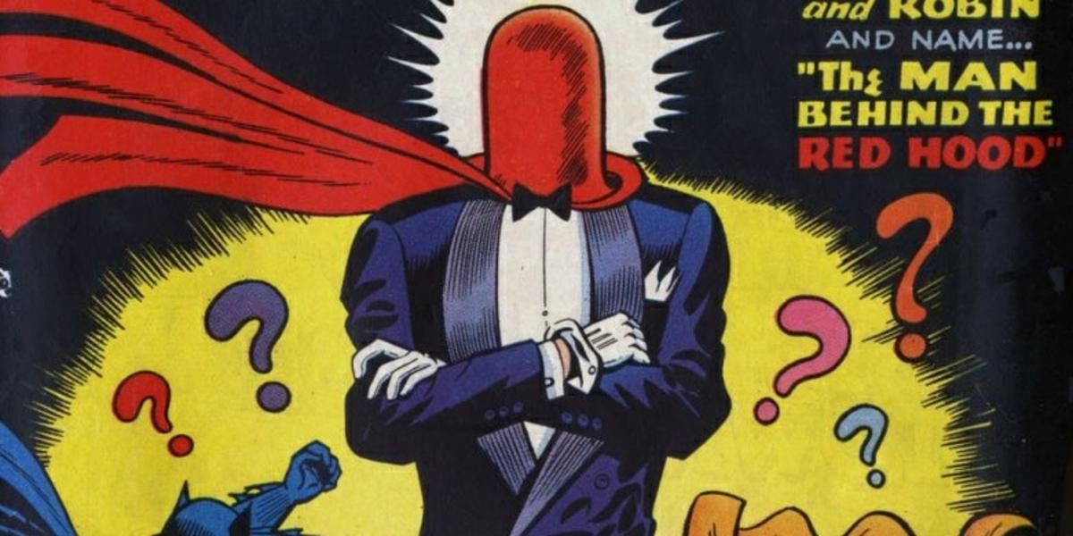 The Red Hood with crossed arms in front of question marks