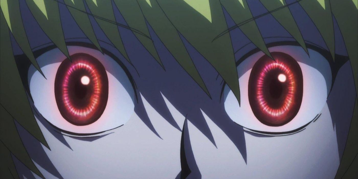 Kurapika's scarlet eyes staring in Hunter x Hunter.