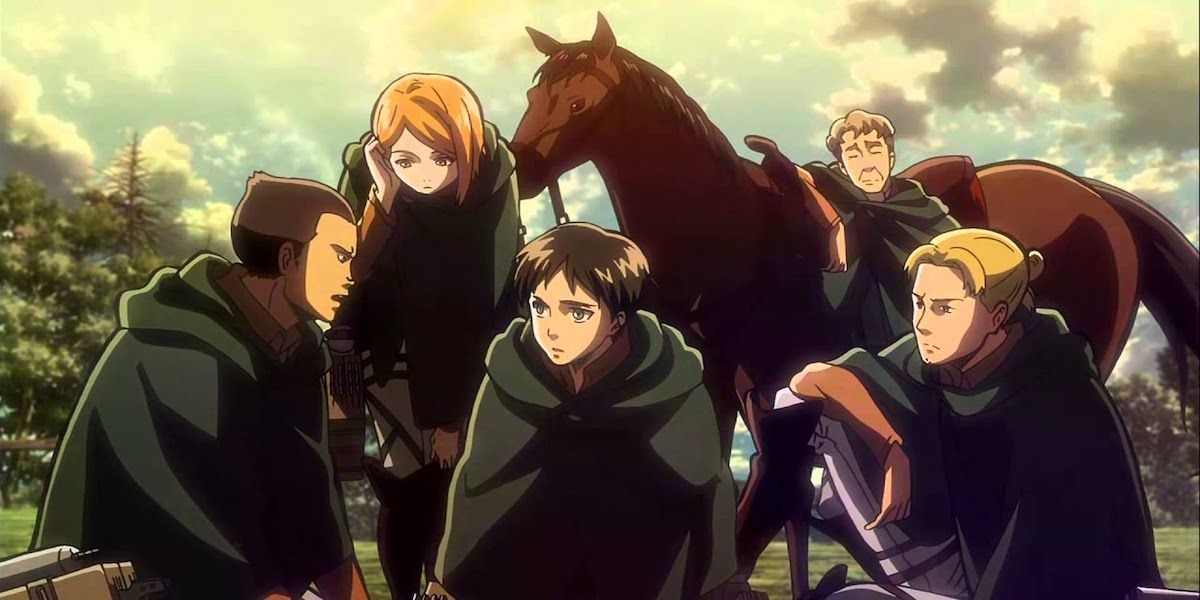 Levi Squad traveling together, chatting next to a horse