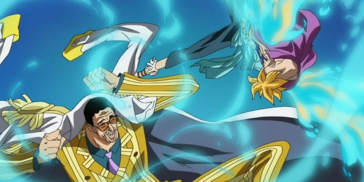 Marco the Phoenix trading blows with Marine Admiral Kizaru in One Piece's Marineford Arc