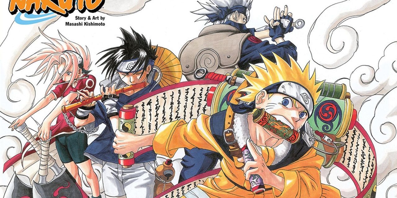 Naruto, Sasuke, and Sakura pull out ninja scrolls and weapons on cover art for the Naruto manga