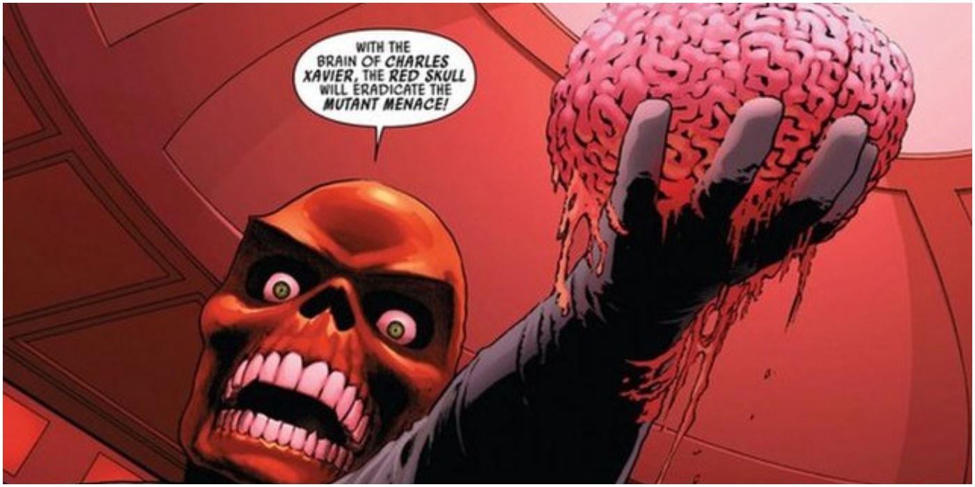 Red Skrull holding Xavier's brain