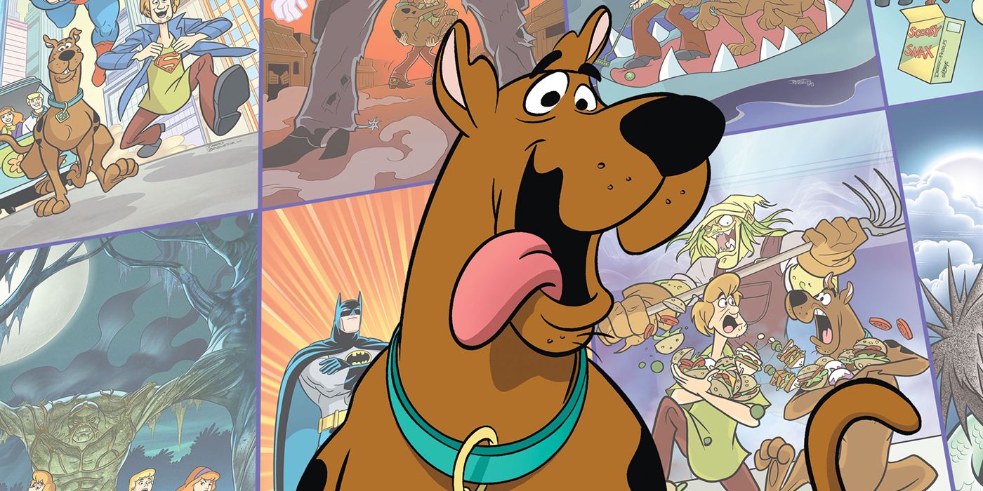 Happy Scooby Doo cartoon with a collage of scenes from past episodes in the background