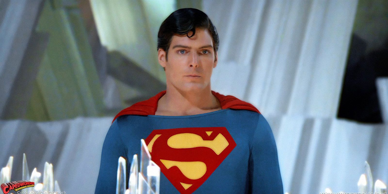 Superman (Christopher Reeve) looks determined in Superman II