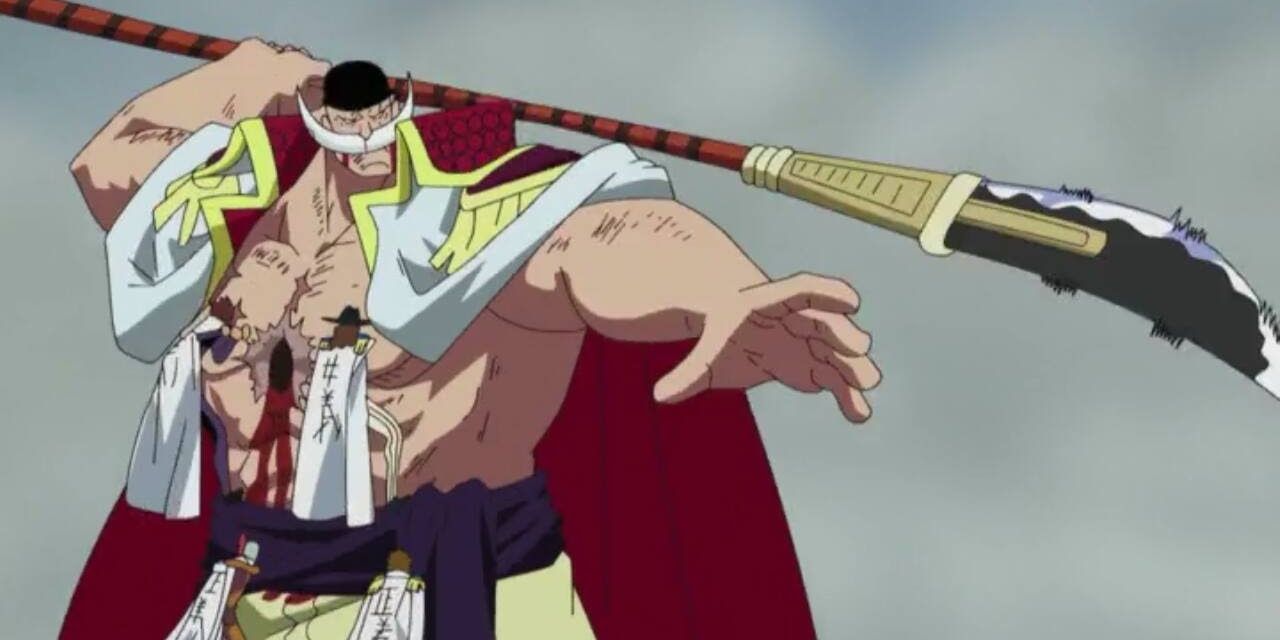 Edward Newgate, also known as Whitebeard, holding a weapon in One Piece.
