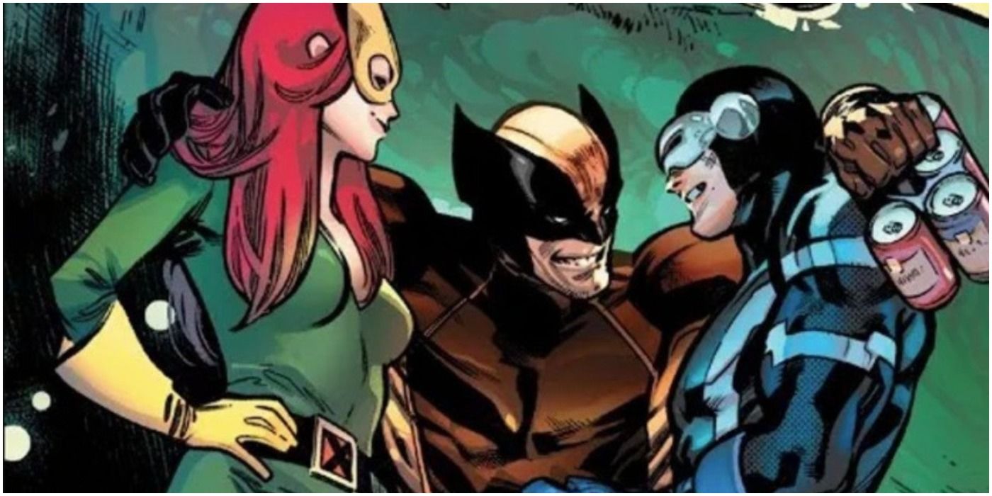 Wolverine, Jean Grey, and Cyclops standing together as Marvel's first throuple.