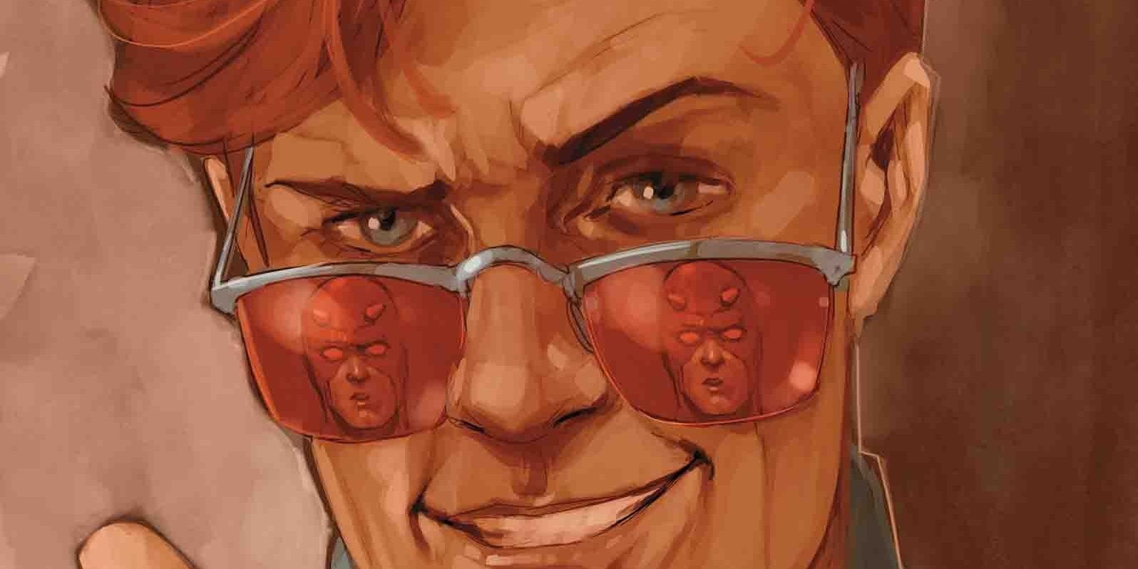 Daredevil reflected in Matt Murdock's red glasses