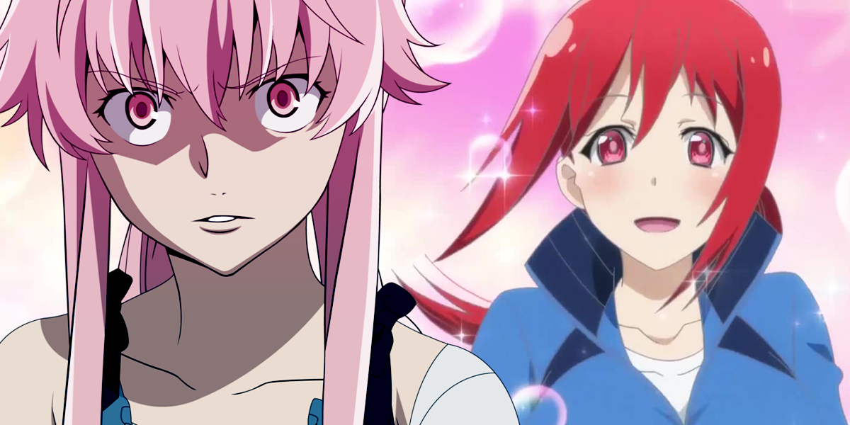 split image of yandere Yuno Gasai from Future Diary and Akane Hiyama from Love Tyrant