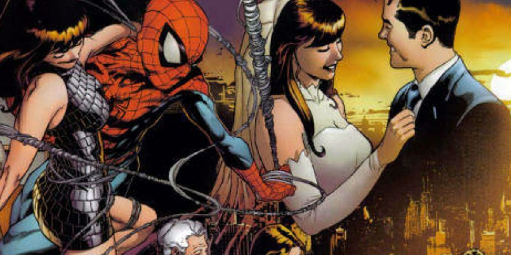 Spider-Man and Mary Jane during One More Day Marvel Comics event, embracing.