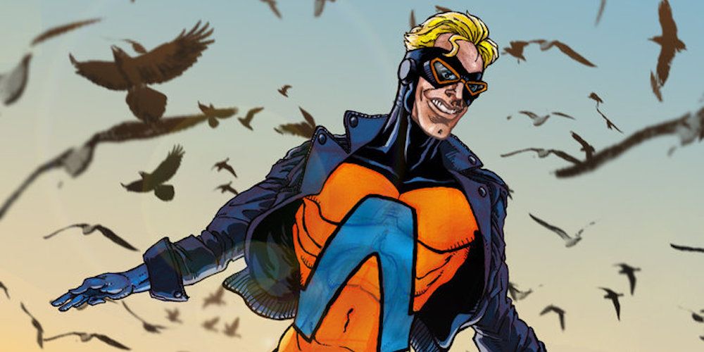 Animal-Man flies in the sky, surrounded by birds in DC Comics