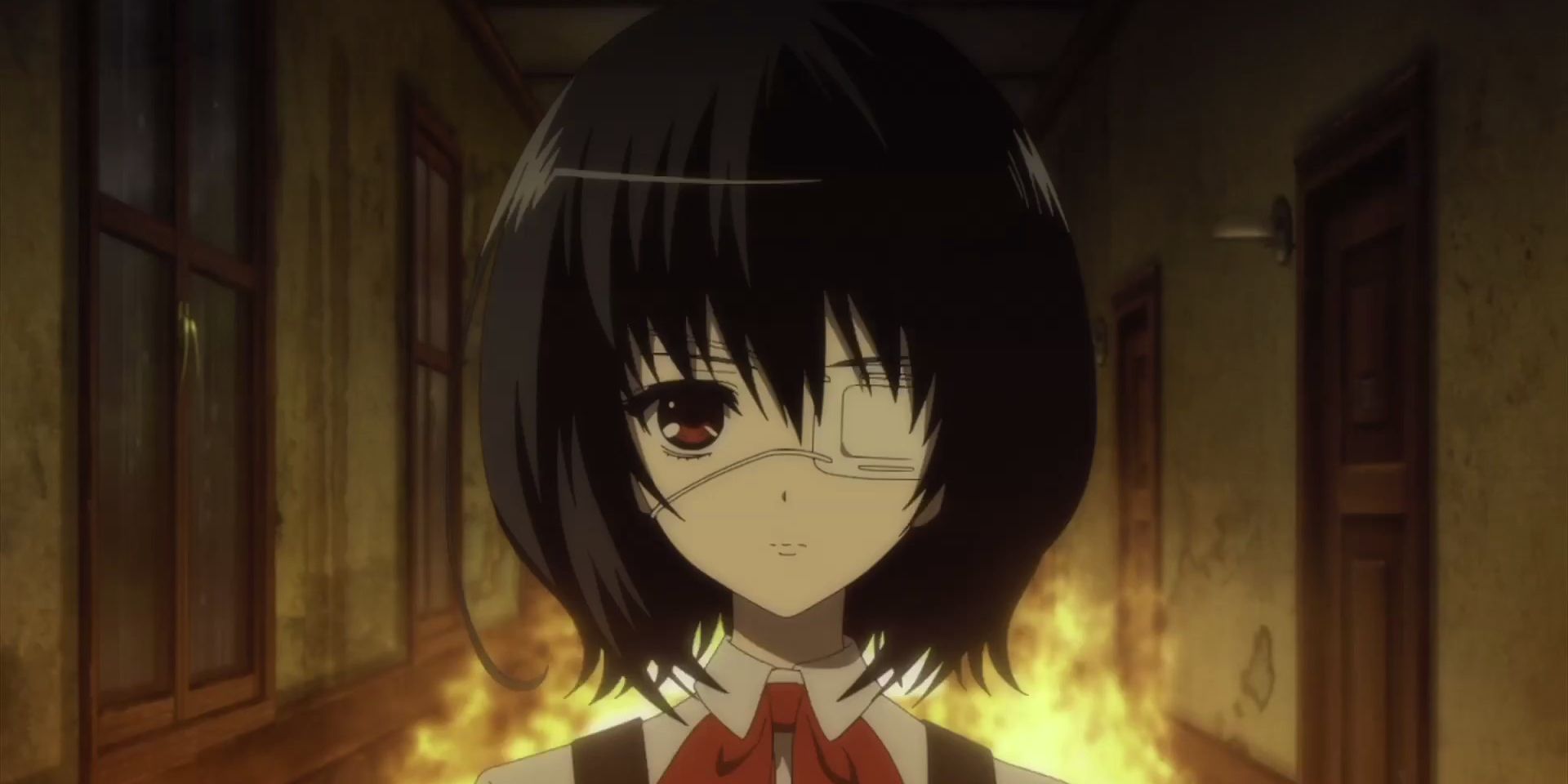 Mei Misaki stands by the fire in Another anime