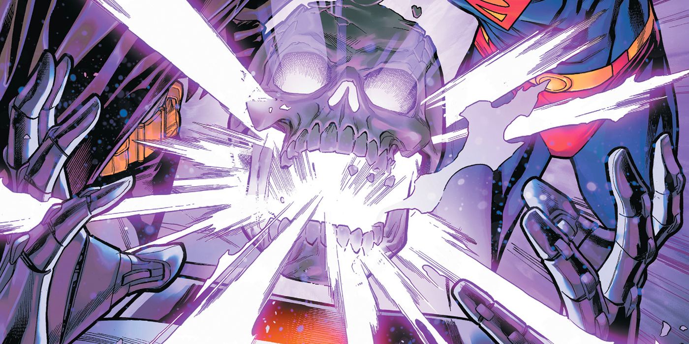 Atomic Skull projecting atomic energy next to Batman and Superman