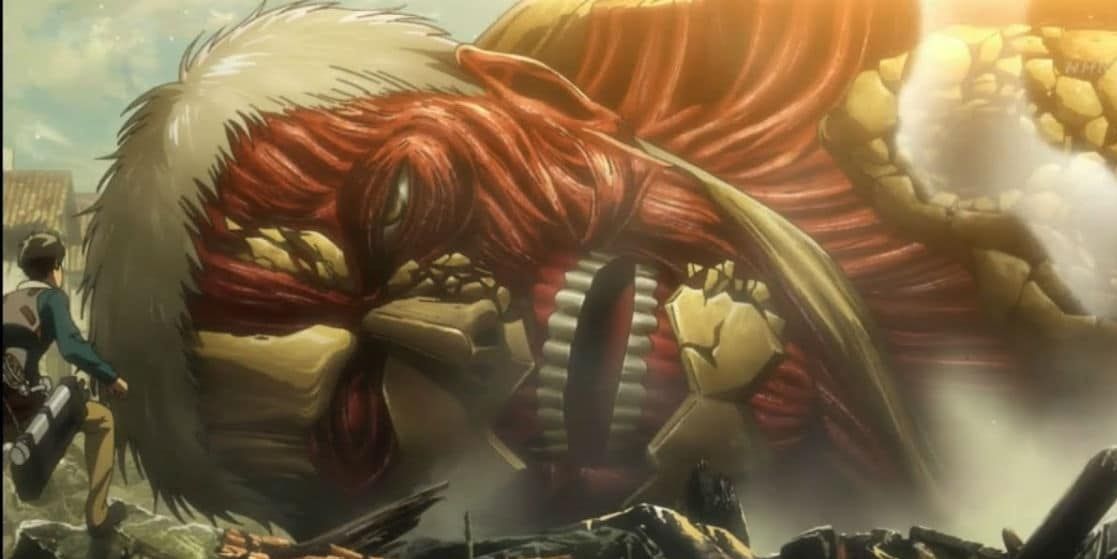 A mammoth Titan lies on the ground, injured, in Attack on Titan