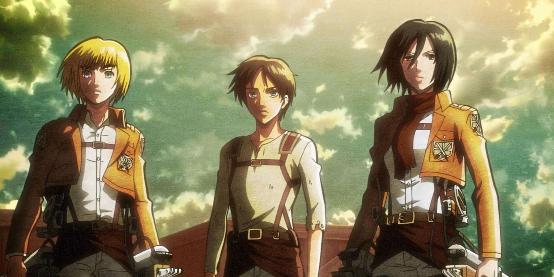 Eren Yeager, Mikasa Ackerman, and Armin Arlert stand together in the twilight with wind blowing their hair.  (Attack On Titan)