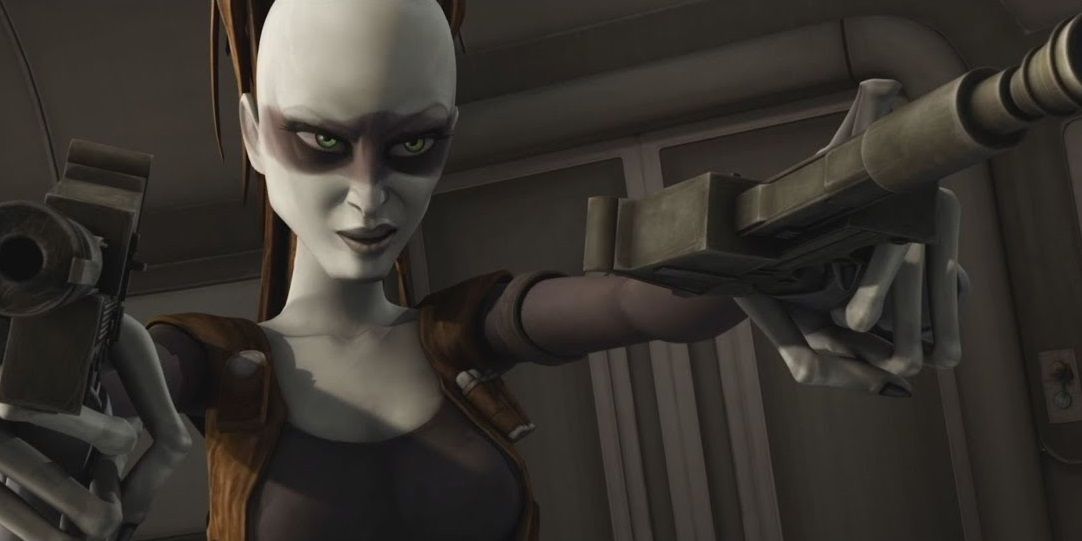 Aurra Sing aiming a pair of pistols in Star Wars: The Clone Wars