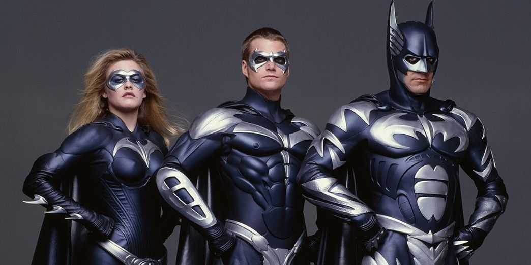 Batman and Robin film featuring Batgirl, Robin, and George Clooney's Batman in their infamous suits.