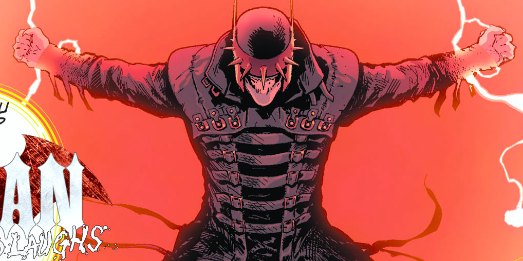 The Batman Who Laughs on a red background