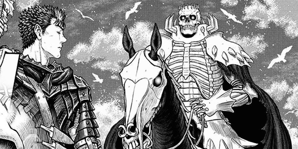 The Skull Knight meets Guts in Elfhelm in Berserk.