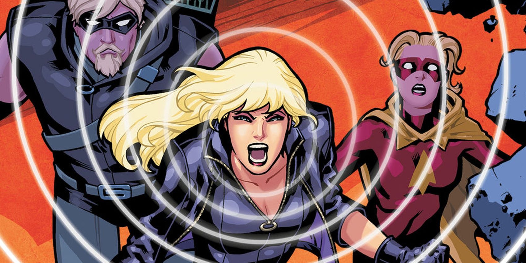 Black Canary using her sonic scream with Green Arrow and Speedy in the background