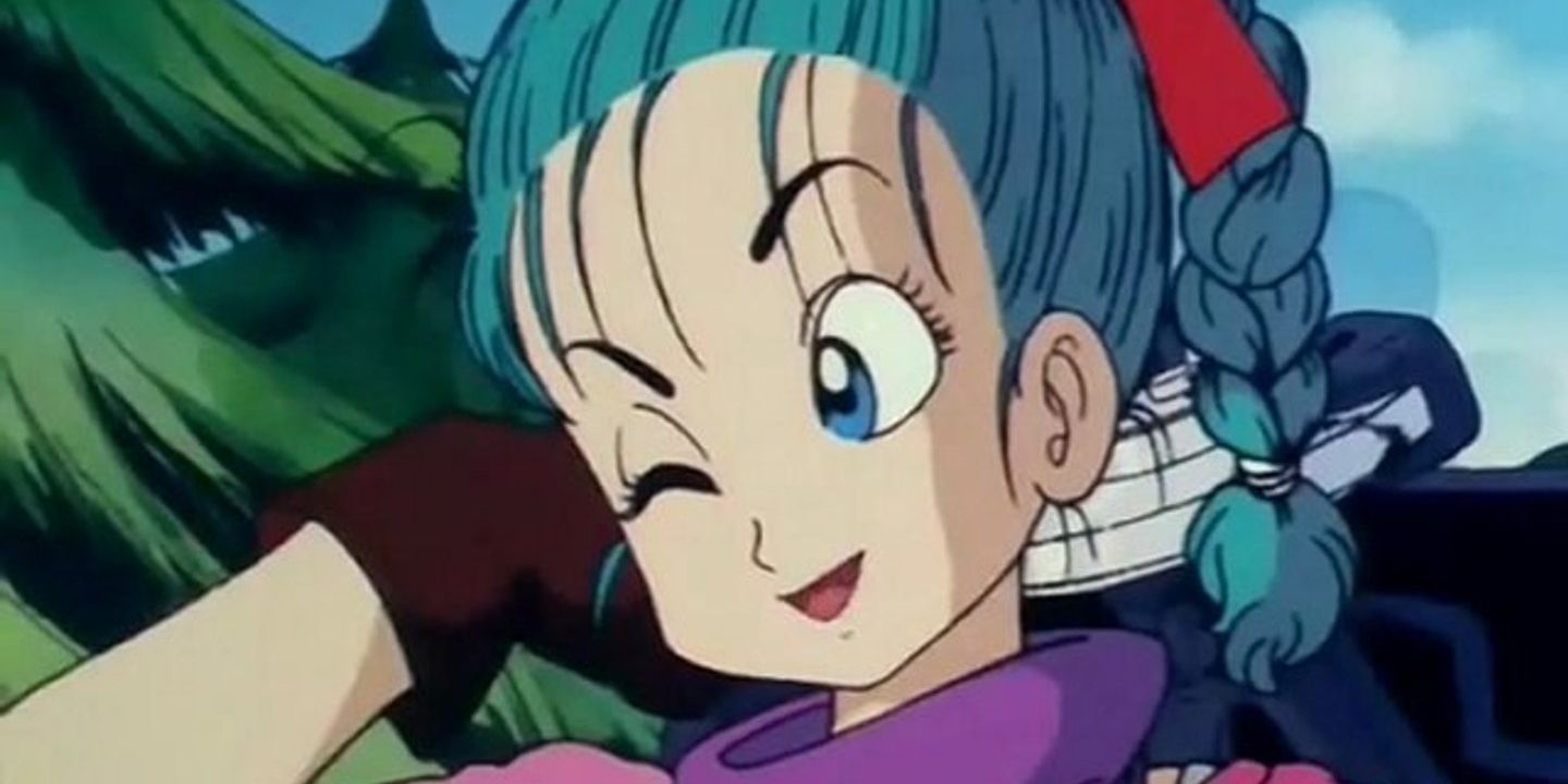 Bulma, a main character throughout the Dragon Ball franchise, winking off-camera