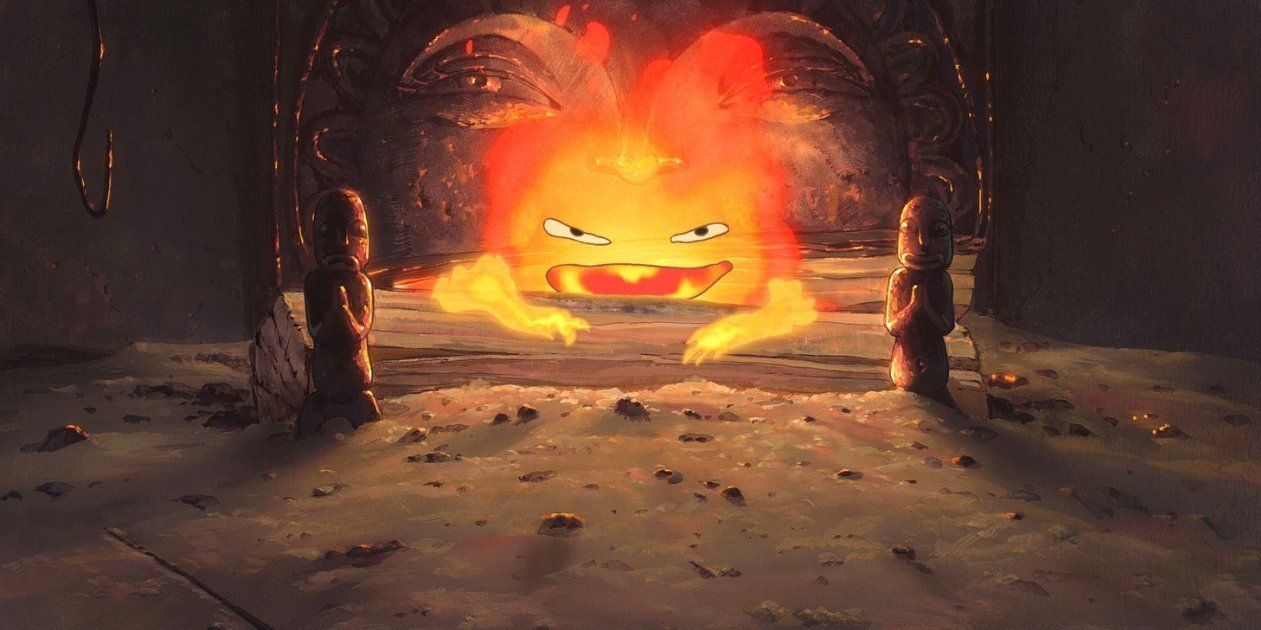 Calcifer from Howl's Moving Castle hugging his wood and glaring
