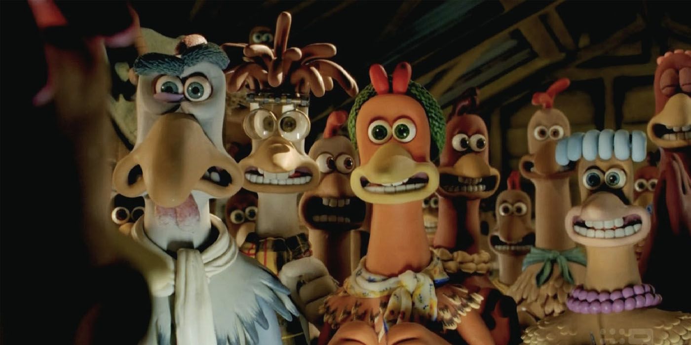 Chicken Run's cast of chickens looking scared.