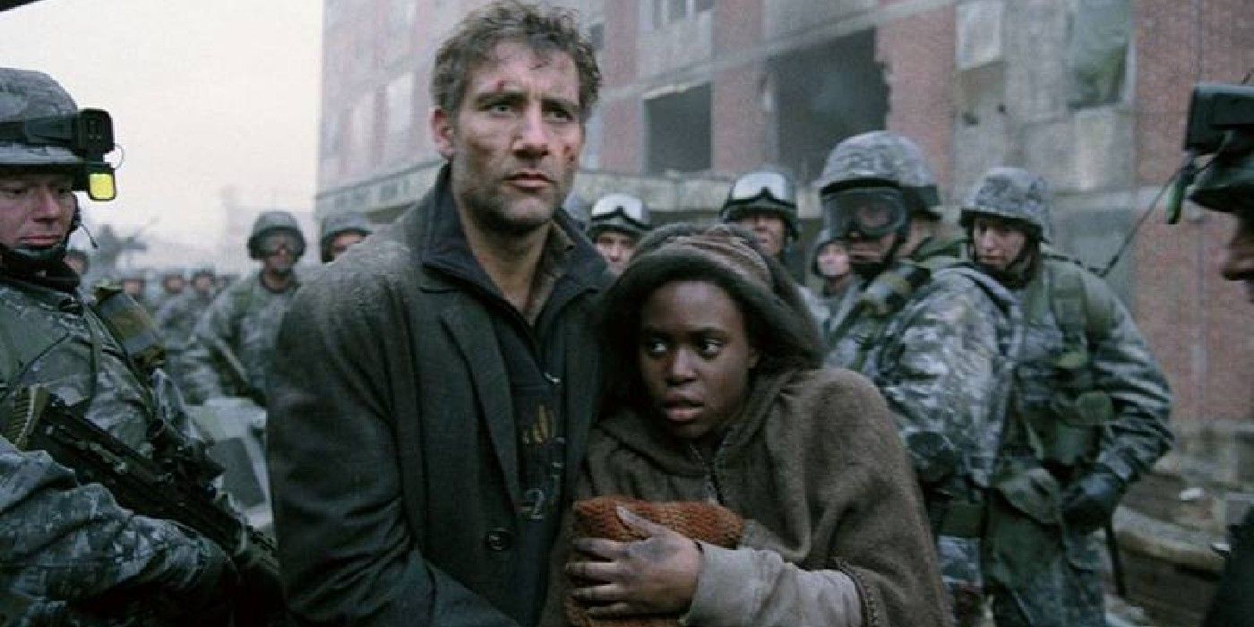 Theo and Kee walk through a crowd of soldiers in Children of Men