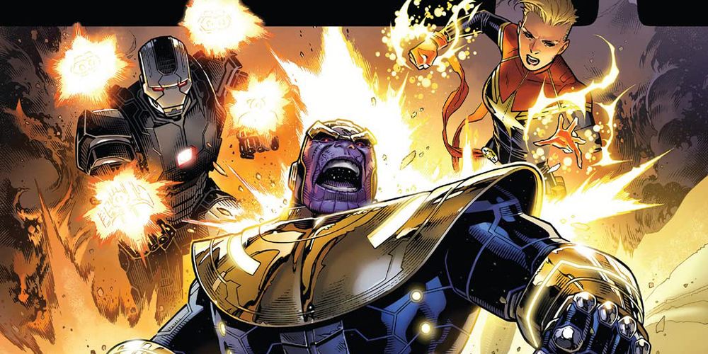 Civil War II War Machine And Captain Marvel Fighting Thanos