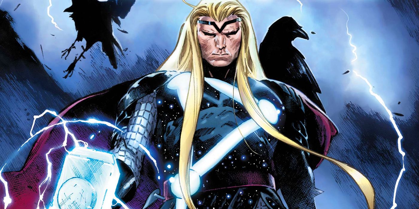 Marvel Comics' Thor holding Mjolnir with a raven on his shoulder