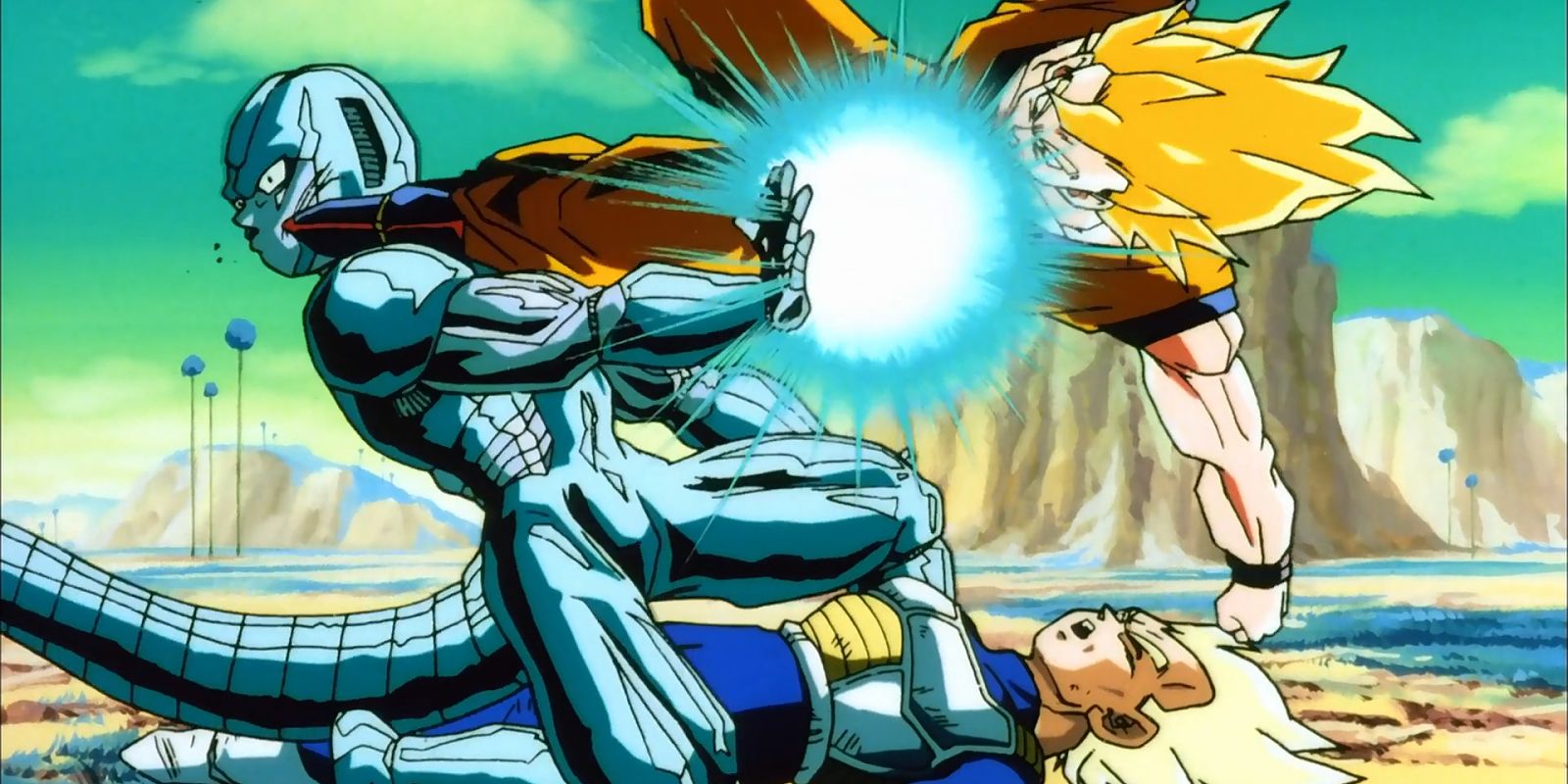 Super Saiyan Goku chuta Metal Cooler em Dragon Ball Z.