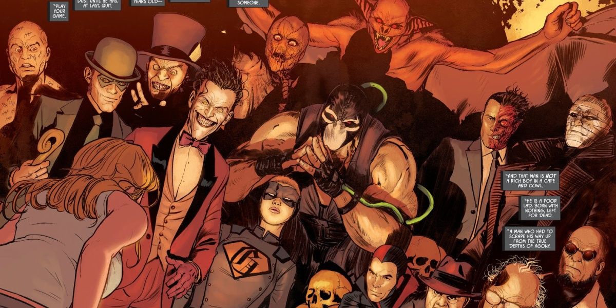 A crowd of Batman villains from DC Comics, including The Joker, Bane, Riddler, Two-Face, and Hush.
