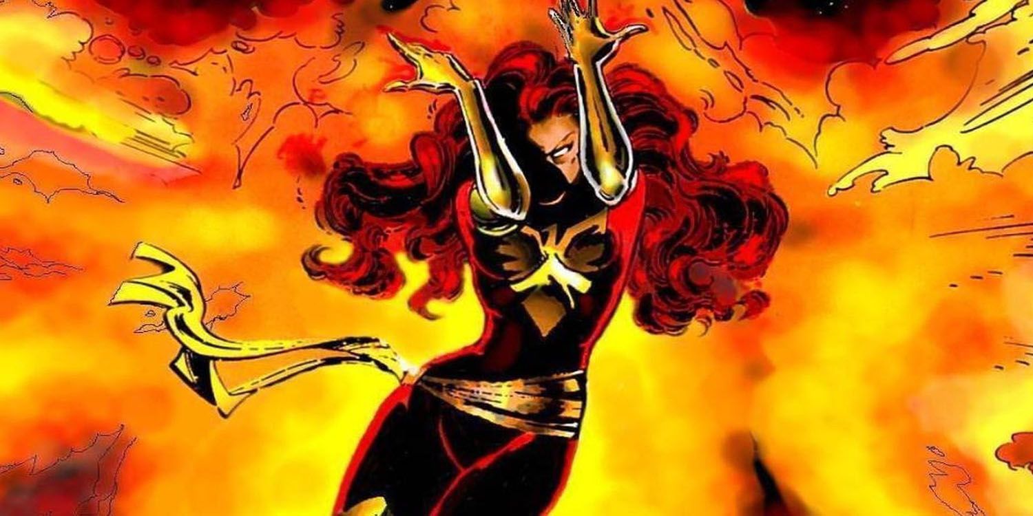 Jean Grey as the dark phoenix, surrounded by flames