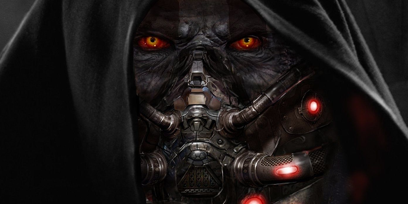 The red eyes of Darth Malgus peering out from his hood.