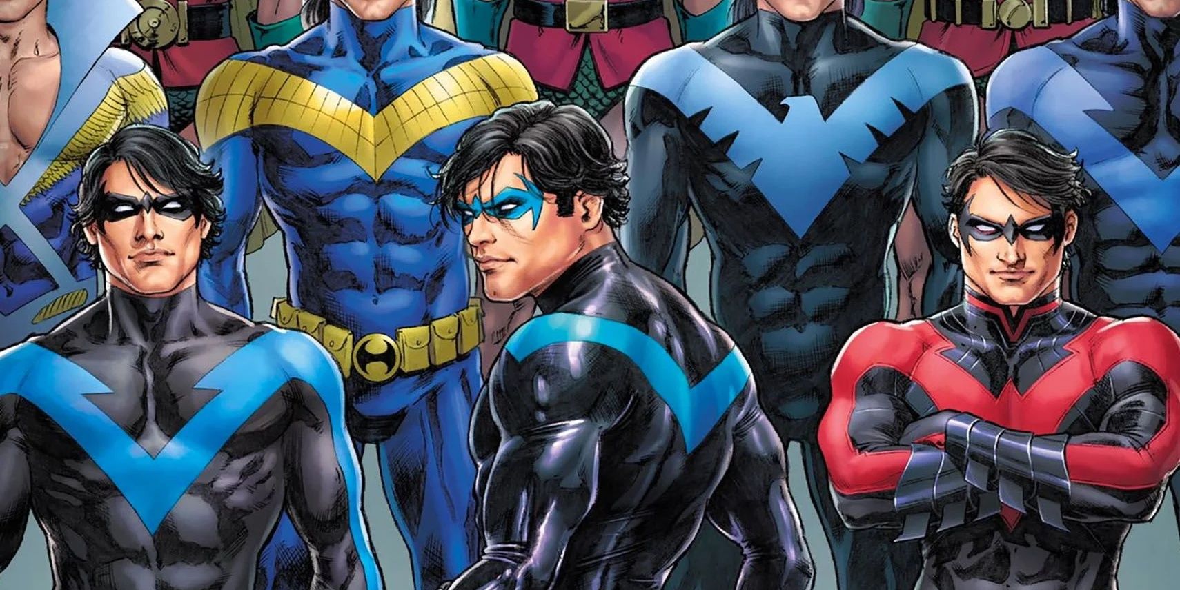 Nightwing surrounded by past versions of himself from DC Comics