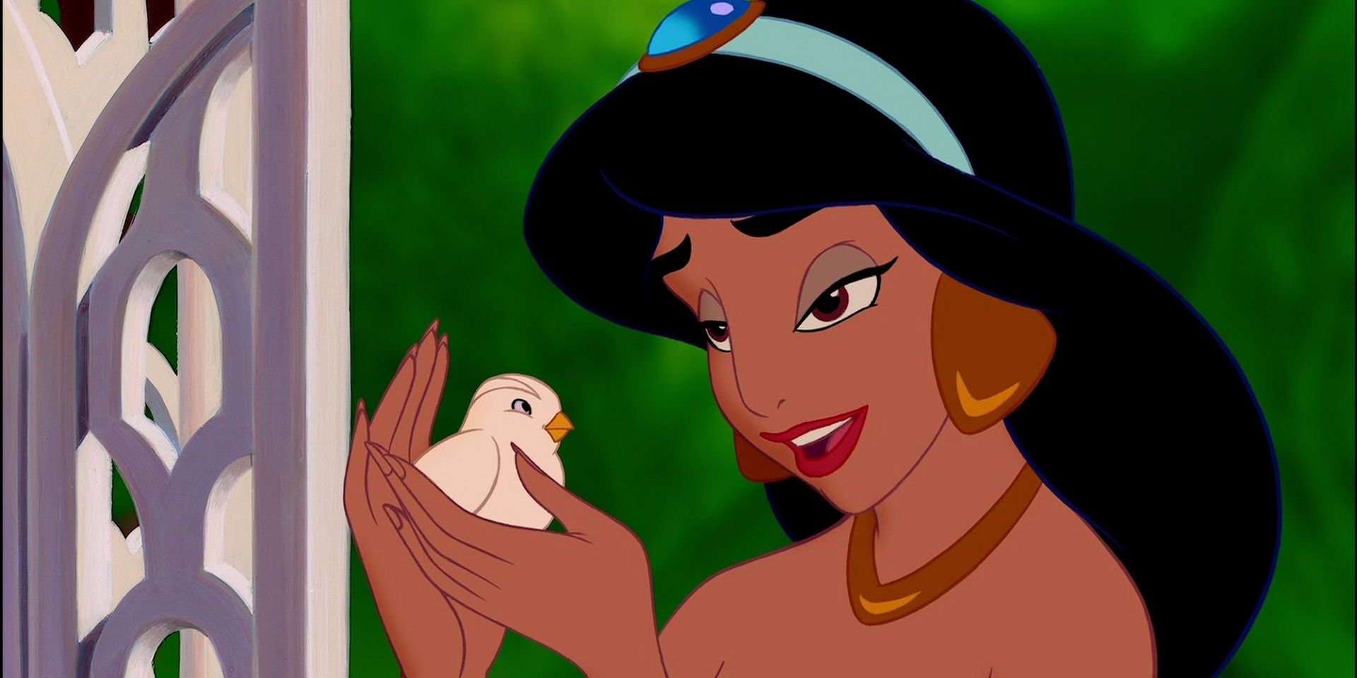 Disney Aladdin Jasmine Petting A Small White Bird In The Palace Garden