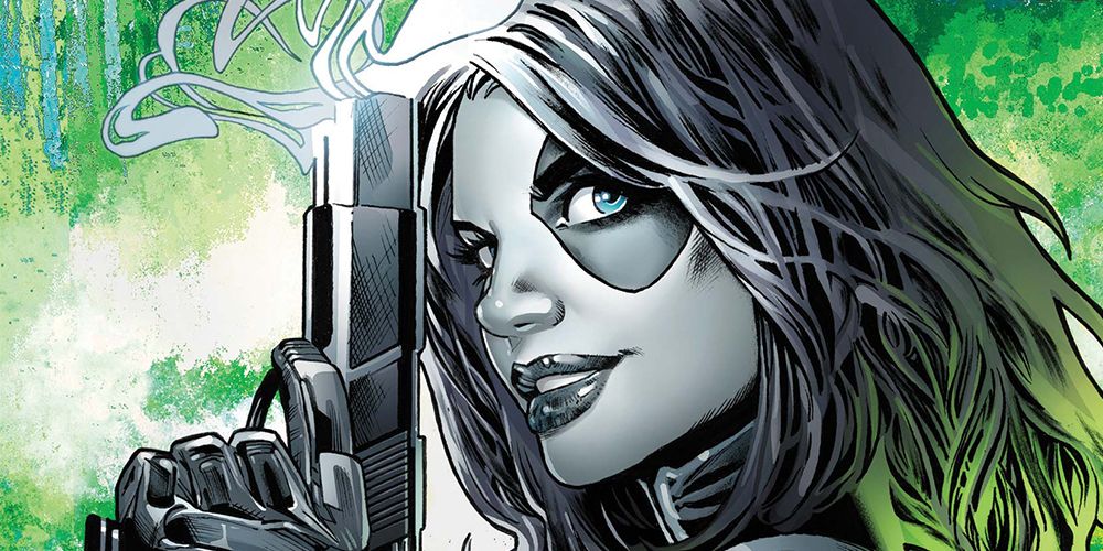 Marvel Comics' Domino, holding a smoking gun
