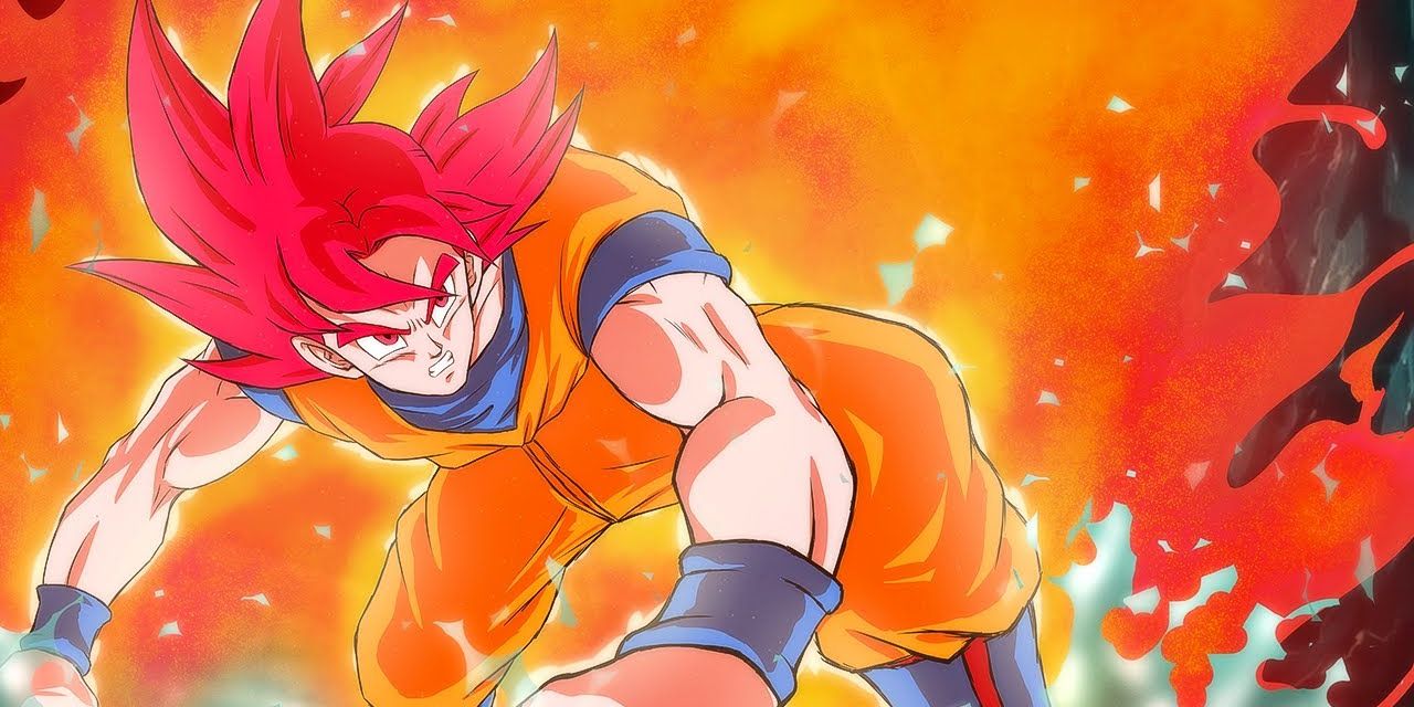 Super Saiyan God Goku Dodge from Dragon Ball FighterZ prepares to strike.