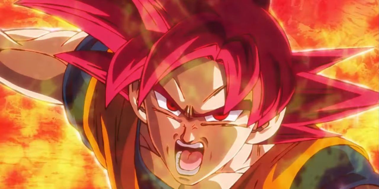 Super Saiyan God Goku yelling in Dragon Ball Super