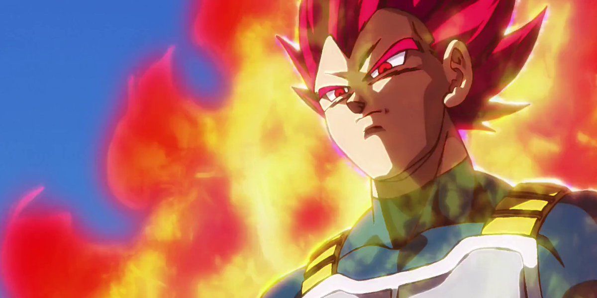 Super Saiyan God Vegeta with a fire aura in Dragon Ball Super: Broly