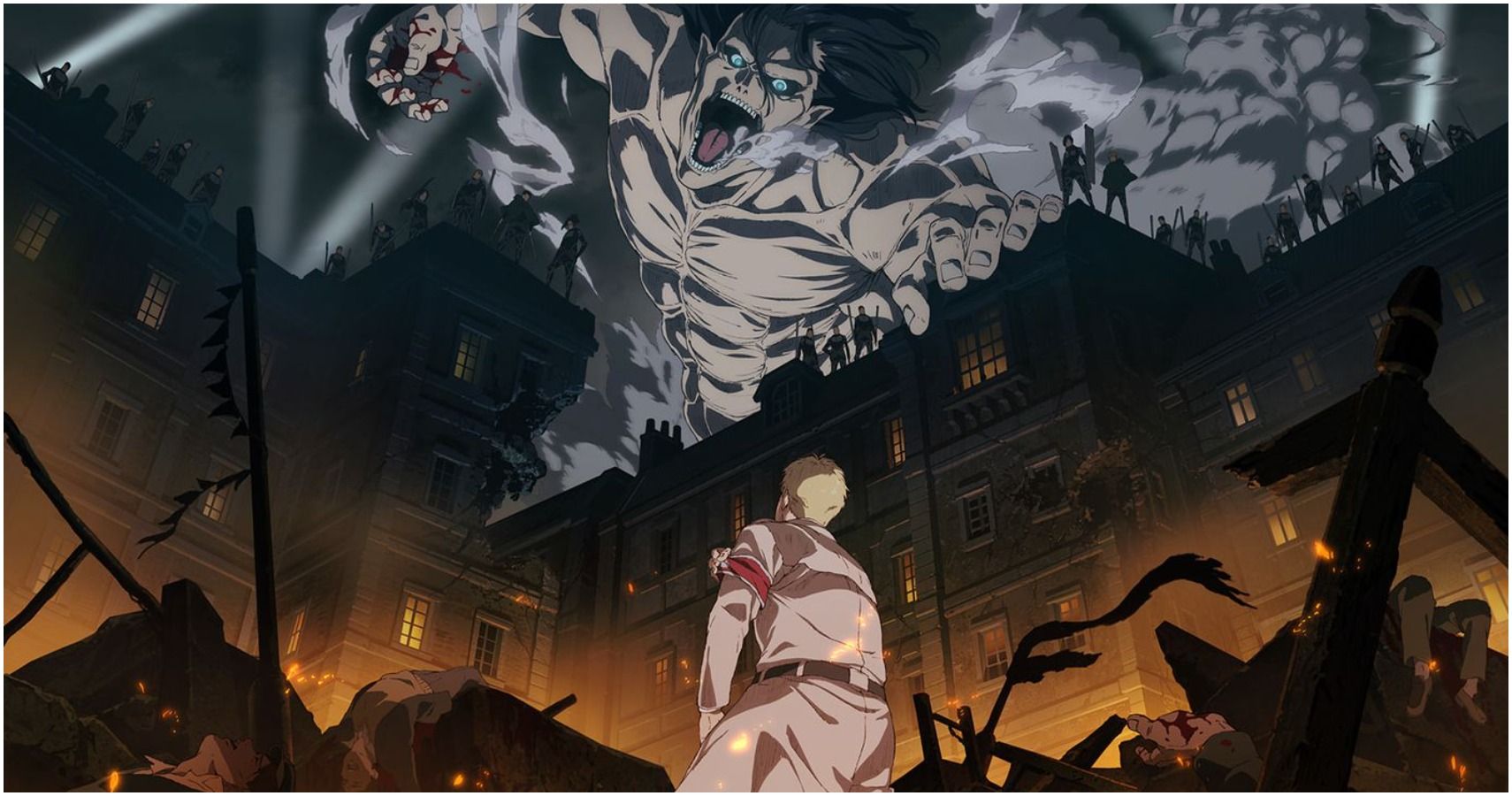 Reiner looks up at Eren destroying Marley AOT