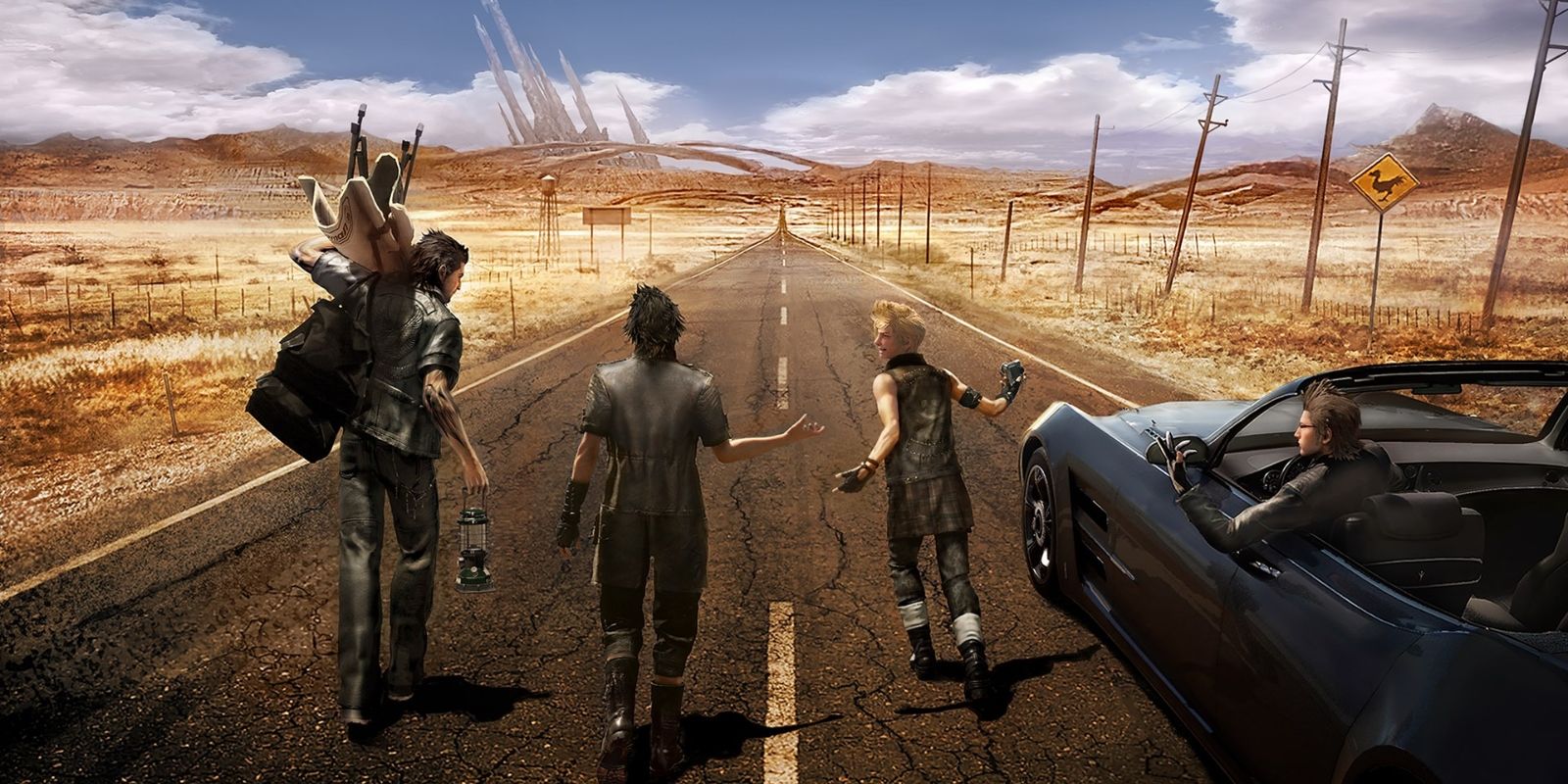 Final Fantasy XV characters walking down a road together