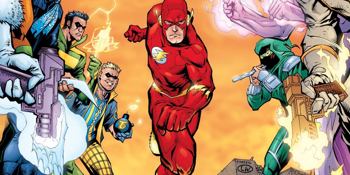 DC comics The Flash running between factions of Rogues in the Rogues War.