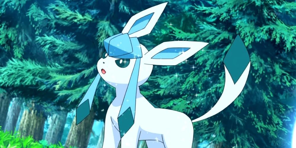Glaceon in a forest in the Pokémon anime.