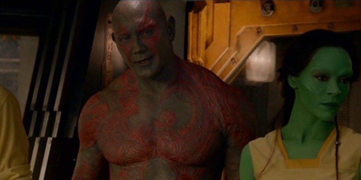 Drax (Dave Bautista) and Gamora (Zoe Saldana) in Guardians of the Galaxy