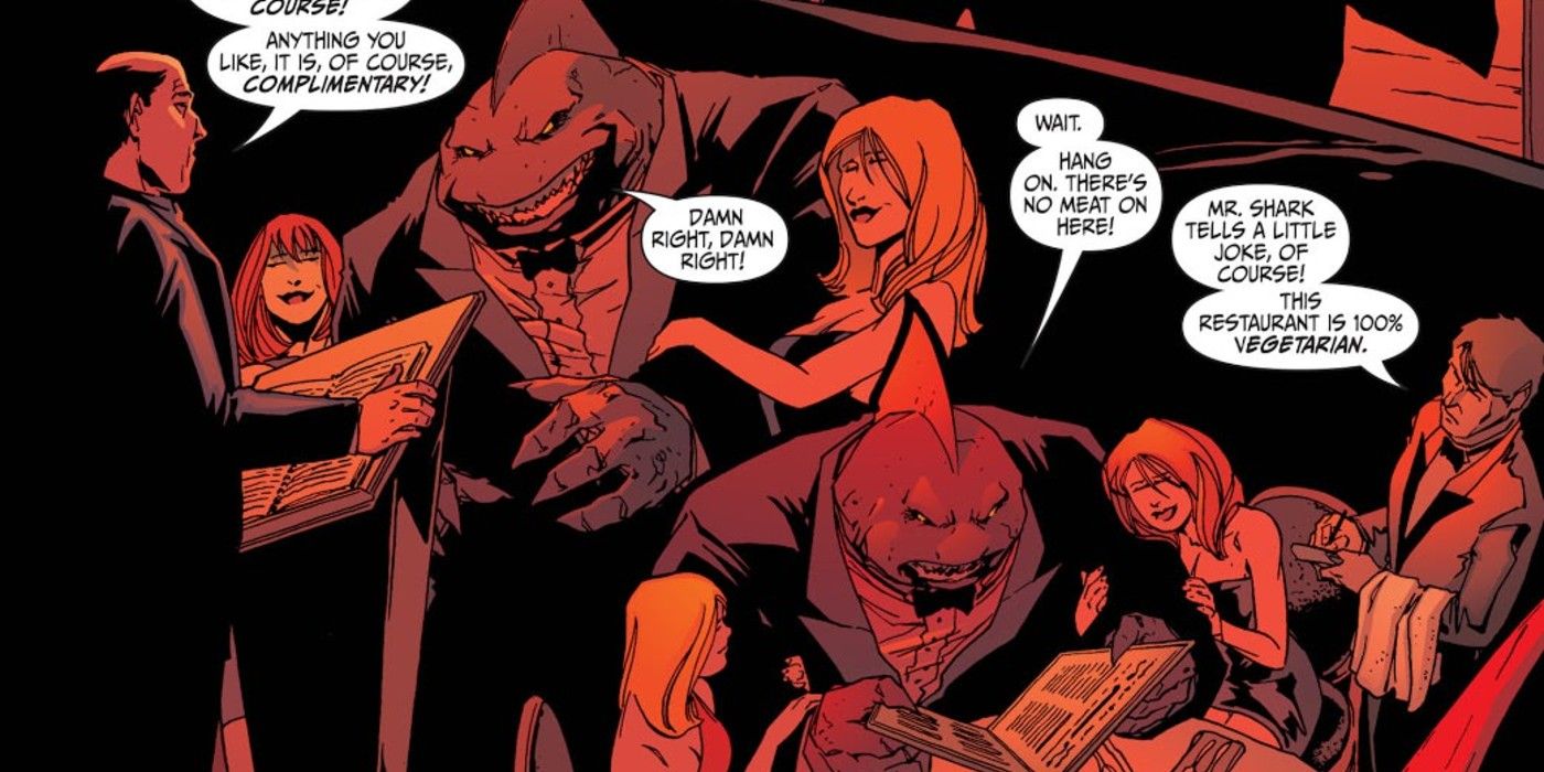 King Shark wearing a fancy dress suit in his own personal hell