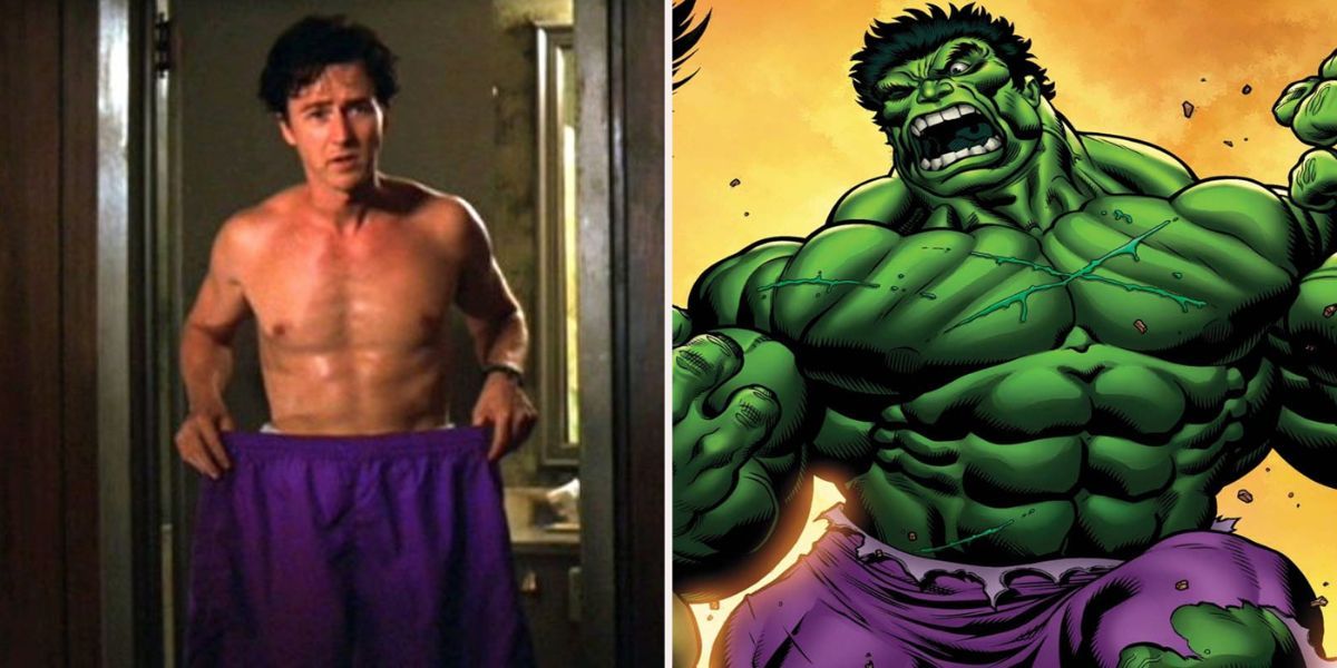 edward norton hulk holding up purple pants next to the hulk from the comics in purple pants