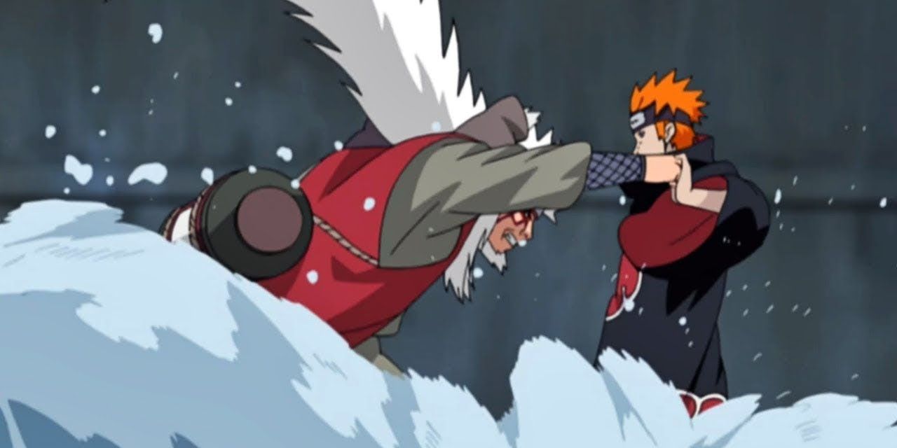 Jiraiya beating up Pain in Naruto